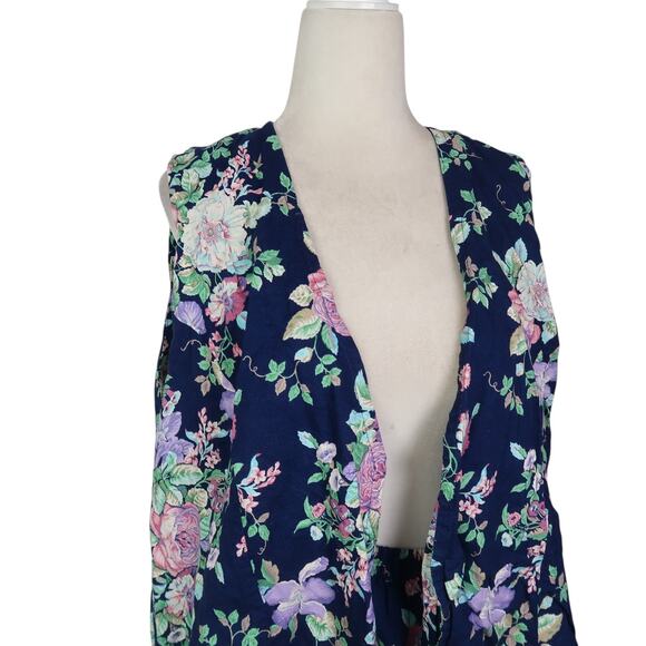 Vintage 80s Navy Blue Floral Vest and Midi Skirt Matching Set XXL - Picture 2 of 4